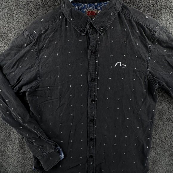 EVISU Genes Dark Gray Medium Long Sleeve Button Up Shirt AOP Logo Print Cotton - Picture 1 of 14